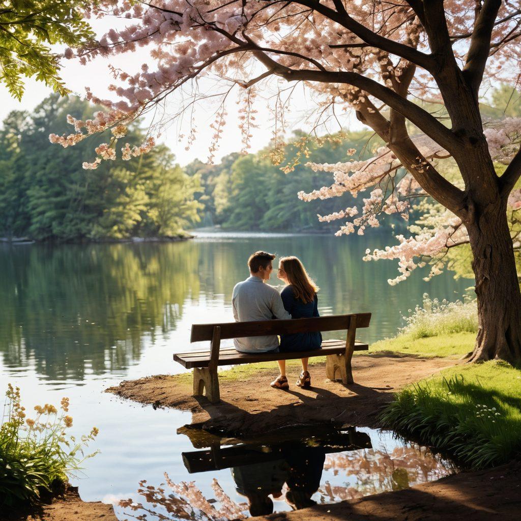 A whimsical scene in a sunlit park, featuring a couple sharing a heartfelt moment on a rustic bench, surrounded by blooming flowers symbolizing love and connection. In the background, soft silhouettes of trees and a serene lake add depth to the image. The couple's expressions should convey deep understanding and affection, capturing the essence of a soulmate connection. pastel colors. dreamy. soft focus.