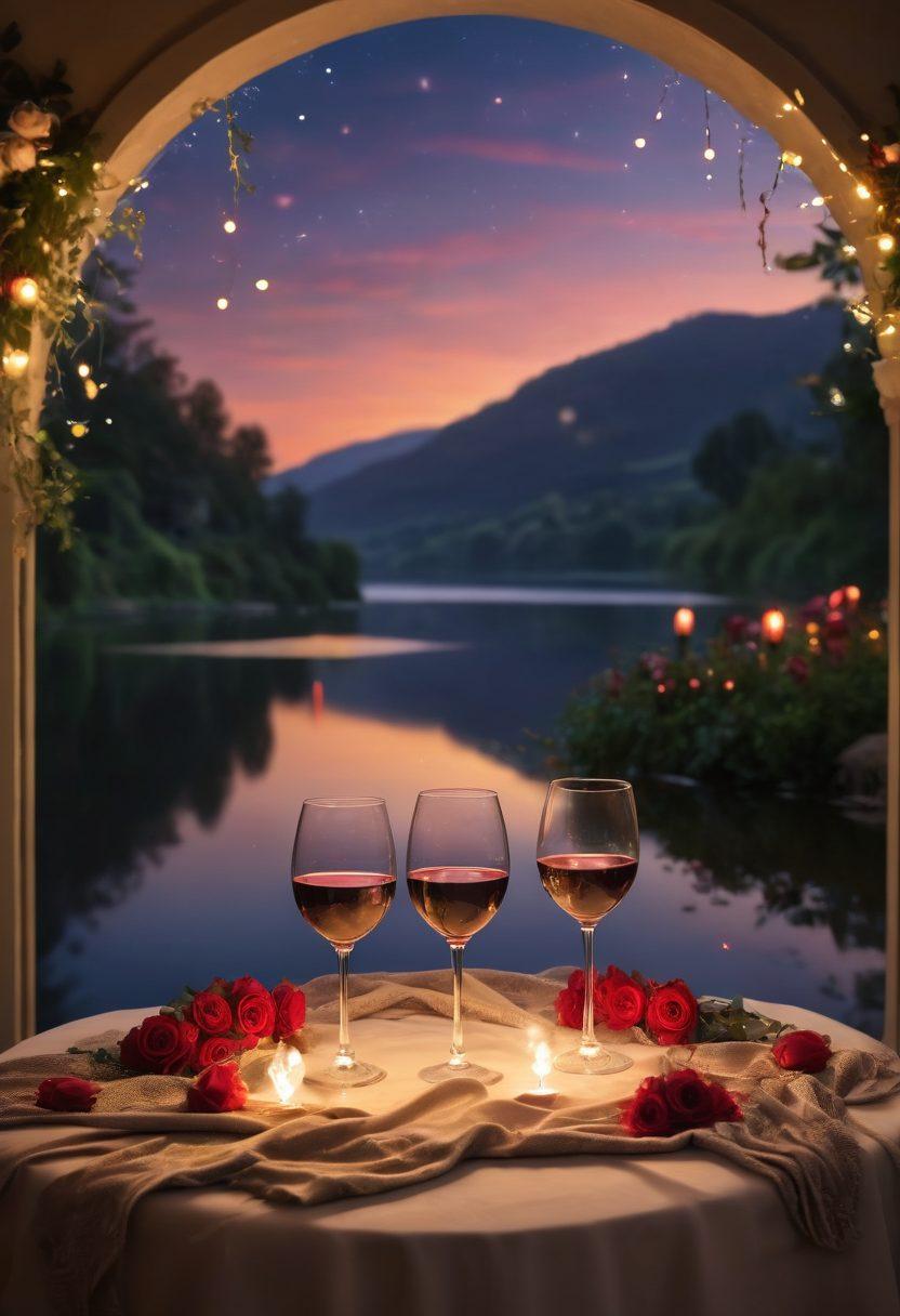 A beautifully set candlelit dinner table adorned with roses and a soft blanket under a starlit sky, showcasing two elegant wine glasses clinking together, symbolizing deep connection and romance. Glistening fairy lights hanging overhead create a warm, inviting atmosphere, bringing a sense of magic to the scene. The background features a scenic view of a tranquil lake reflecting the moonlight. super-realistic. vibrant colors. romantic ambiance.