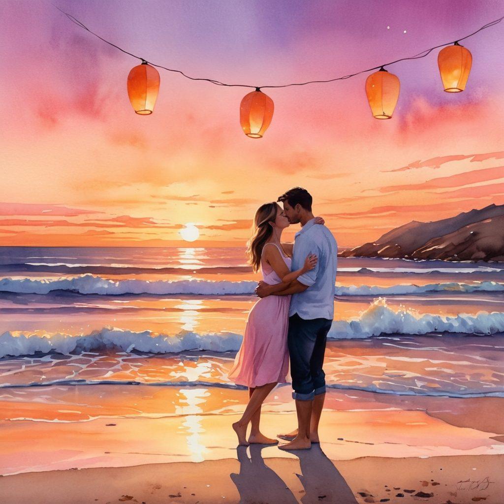 A tender moment between a couple sharing an intimate sunset on a beach, with intertwined fingers and soft smiles, surrounded by glowing lanterns floating above. In the background, gentle waves kiss the shore, reflecting a palette of warm oranges and pinks. The scene embodies trust and love, inviting viewers into a heartfelt narrative of connection. watercolor style. romantic atmosphere. warm colors.